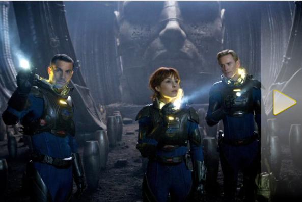 Screen capture from the movie "Prometheus" picturing three space suited people on an alien planet WITHOUT THEIR HELMETS